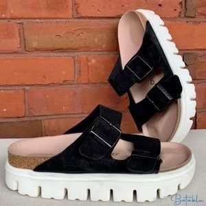 BIRKENSTOCK PAPILLIO Arizona Black Suede Chunky Platform White Sole Sandals 37